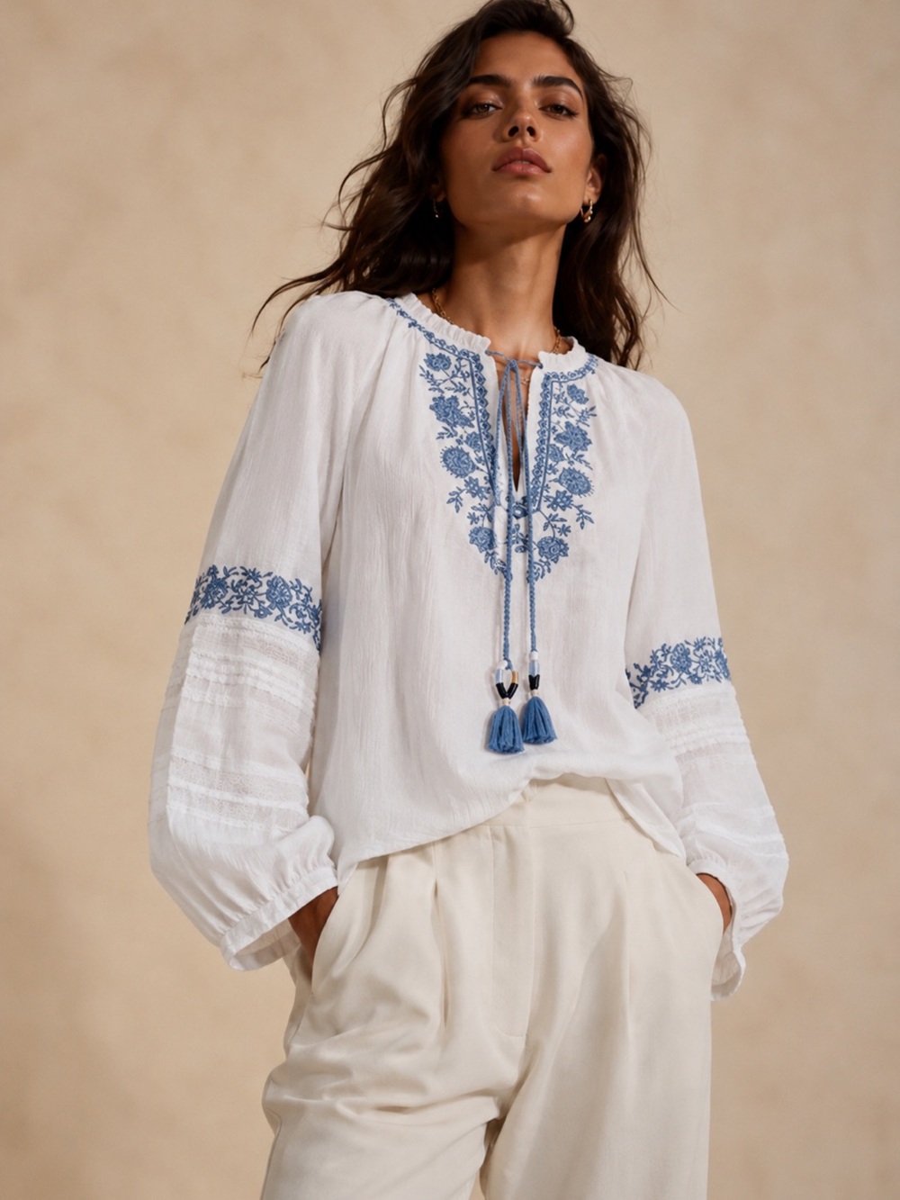 BCBGMaxAzria White Peasant Blouse with Blue Embroidery Size S Cotton Boho Summer